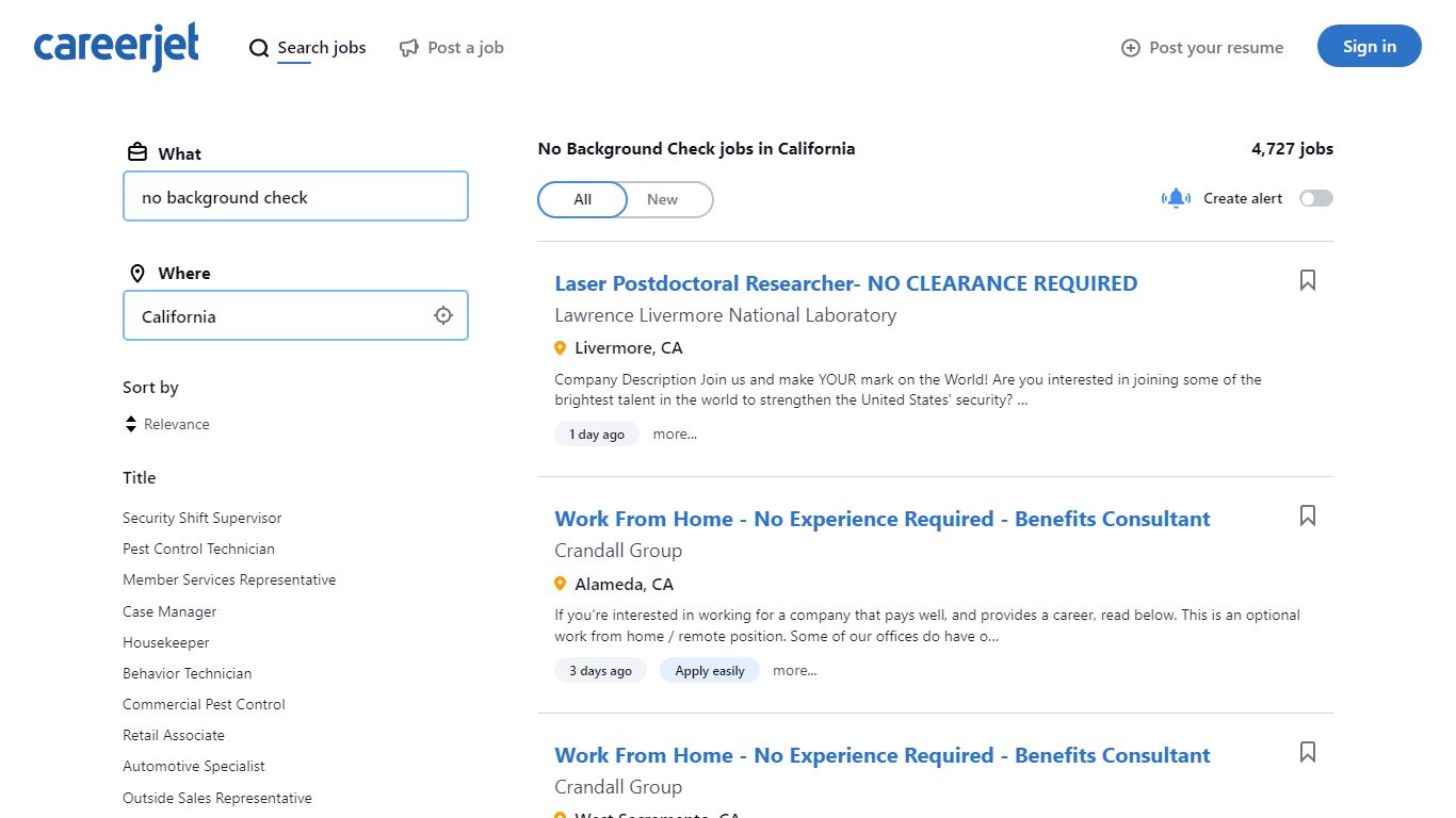 No Background Check jobs in California | Careerjet